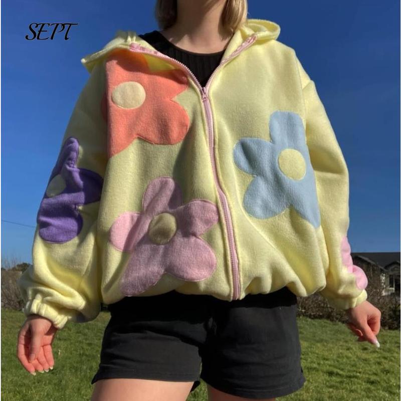 Women Fall winter Zipper Graphic Patchwork Hoodies Y2k Oversized  Sweatshirts Jacket