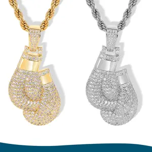 Mens Jewelry 1pc Golden Plated And 1pc Silvery Hip Hop Personality Necklace Boxing Glove Pendant Full Of Zirconia Necklace Dominant Punk Pendant