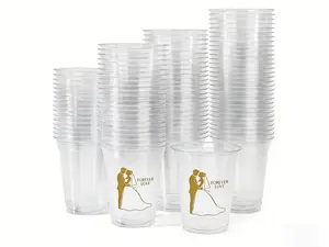 100pcs 12-ounce frosty cups for an engagement party, heart lock pattern, ROMANTICWEDDING, plastic cups, disposable drinking cups, for wedding receptions, bridal showers, engagement supplies