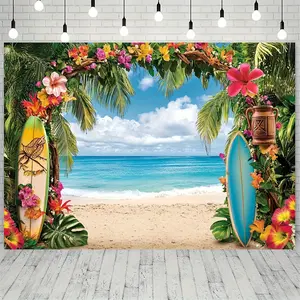 1pc 2D Flat [Vibrant Backdrop] Vibrant 2D Flags, Hawaiian Beach Backdrop Banner | Tropical Floral Ocean & Sky Scene with Palm Trees, Hibiscus Flowers, and Surfboards - Perfect for Weddings, B White