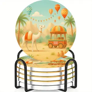 Set of 6 coasters, Desert Hot Air Balloon design, ceramic material, non-slip and heat-resistant, ideal for coffee and beverages, perfect for home and restaurant decoration, a beautiful birthday or holiday gift
