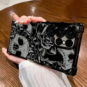 Phone Case Compatible with Samsung Galaxy S23 Ultra S24 Plus S25 S22+ FE Edge Black Rose Skull Design Pattern Anti-drop Durable Total Protective Shockproof Transparent Cover Casing