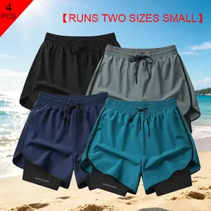 4-Piece Set of men's solid color shorts, quick drying basketball pants, ice silk training pants, marathon running pants, fitness pants for men, anti glare beach shorts, suitable for daily wear, outdoor activities, outings, seaside vacations, breathable Su