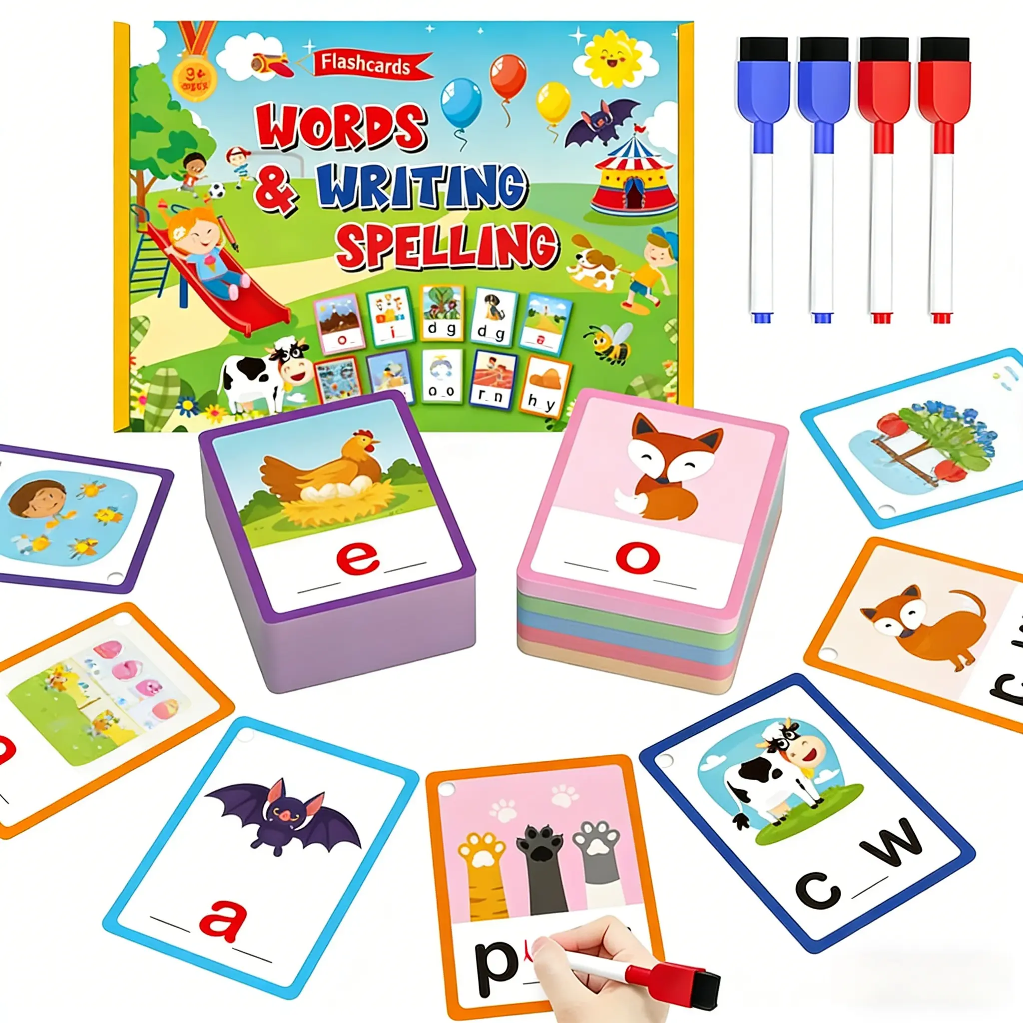 Kids Learning Toys Ages 3-6, CVC Words Flash Cards with Dry Erase Markers, Preschool Phonics Spelling Reading Practice Cards, Reusable Writing Activity Cards, Kindergarten Learning Toys for Toddlers, Montessori Educational Learning Activities