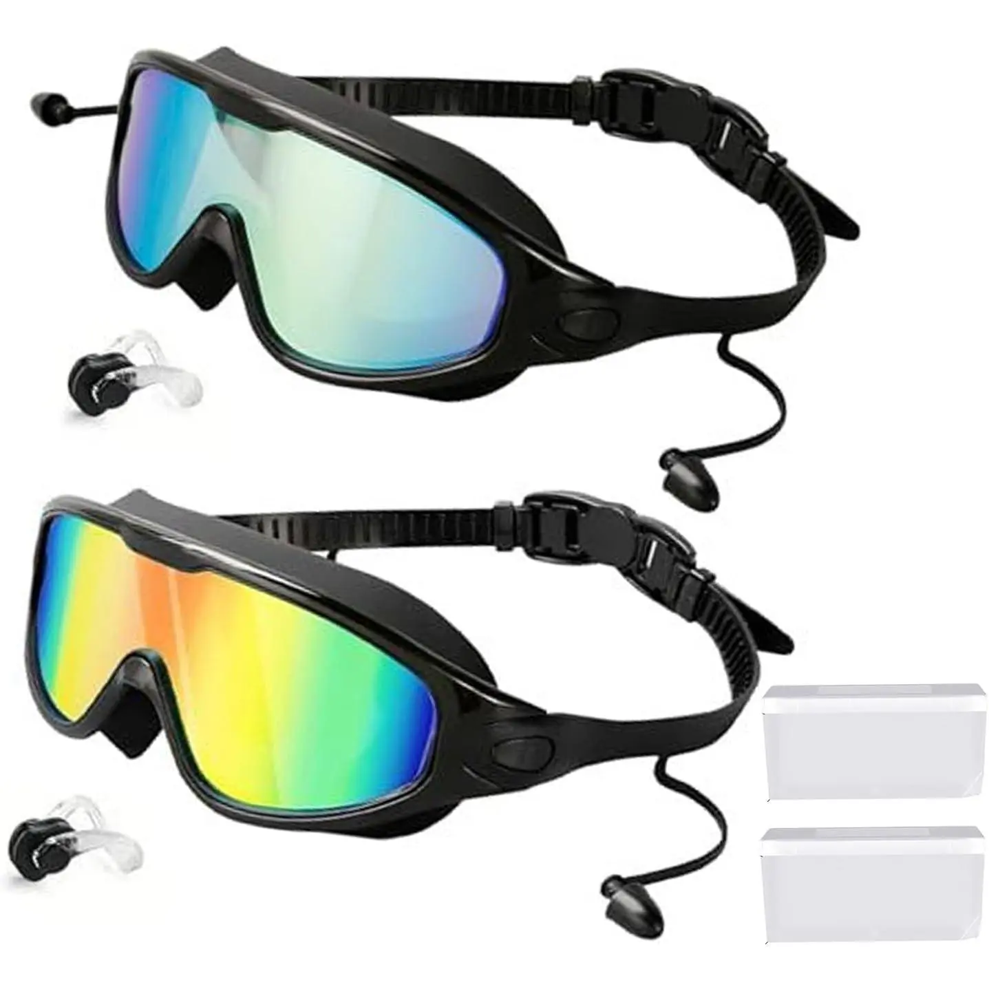 Unisex 2-Pair Set Silicone Swim Goggles with Adjustable Head Strap, Anti-Fog Leakproof UV Filtering Full-Coverage Lenses, Nose Clips, Earplugs for Daily Water Workouts - Ideal for Backyard Pool Parties