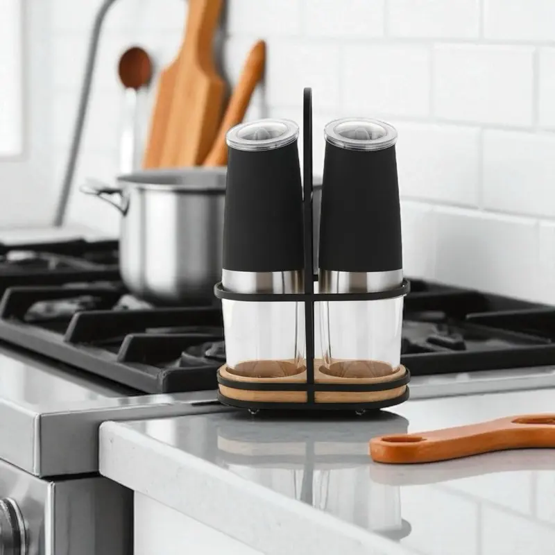 Automatic pepper grinder set comes with 2 & stand. Perfect gift