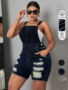 Women's Denim Ripped Strap Pants, High Elasticity Slim Fit Vintage Overall, Adjustable Straps with Pockets, Summer Street Style Fashion
