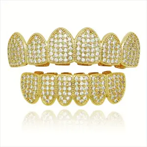 Diamond Teeth - Grills for Your Teeth Grillz for Women Men 18K Gold-Plated Iced out CZ Fangs Hip Hop Rapper Costume Accessory Cosplay Extra Molding Bars