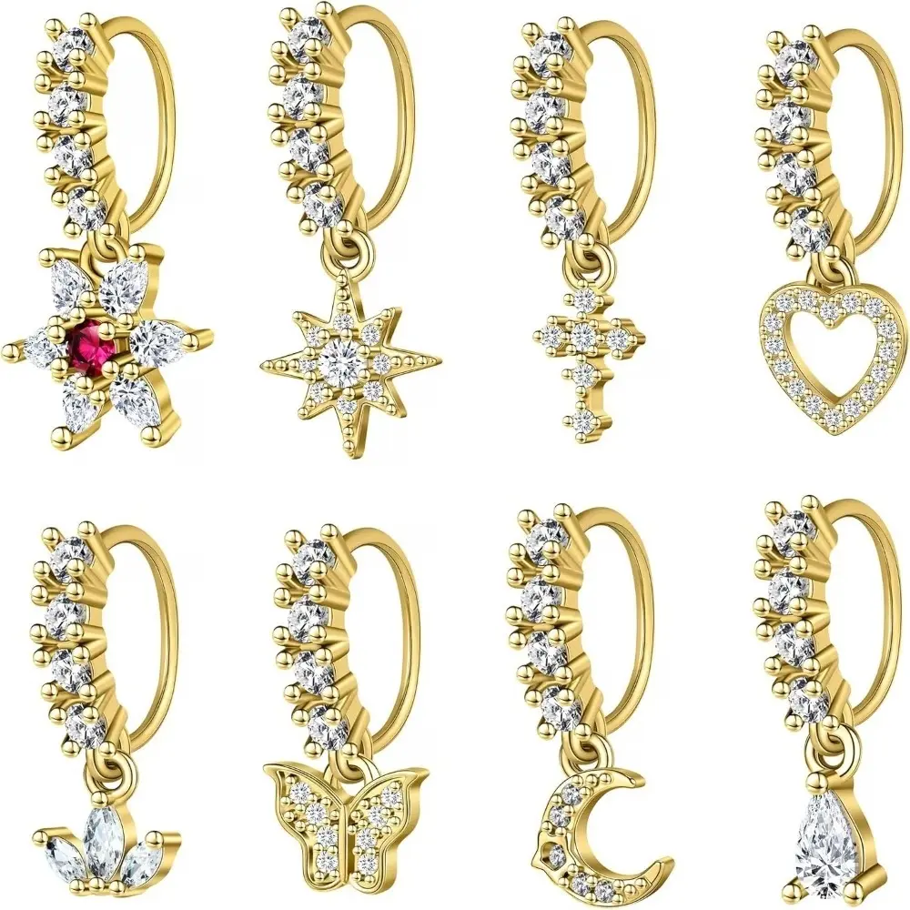 Women's 8pcs Golden Dangle Nose Rings & Hoop Body Jewellery - Flower, Leaf, Star, Butterfly Designs for Nose Piercing Jewelry, Septum, Cartilage, Daith, Tragus, Helix, Lip Piercings