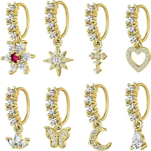 8pcs Dangle Nose Rings | Hoop for Women Septum, Cartilage, Earring, Flower, Leaf, Star, Butterfly, Daith, Tragus, Helix, Lip Piercing, Golden