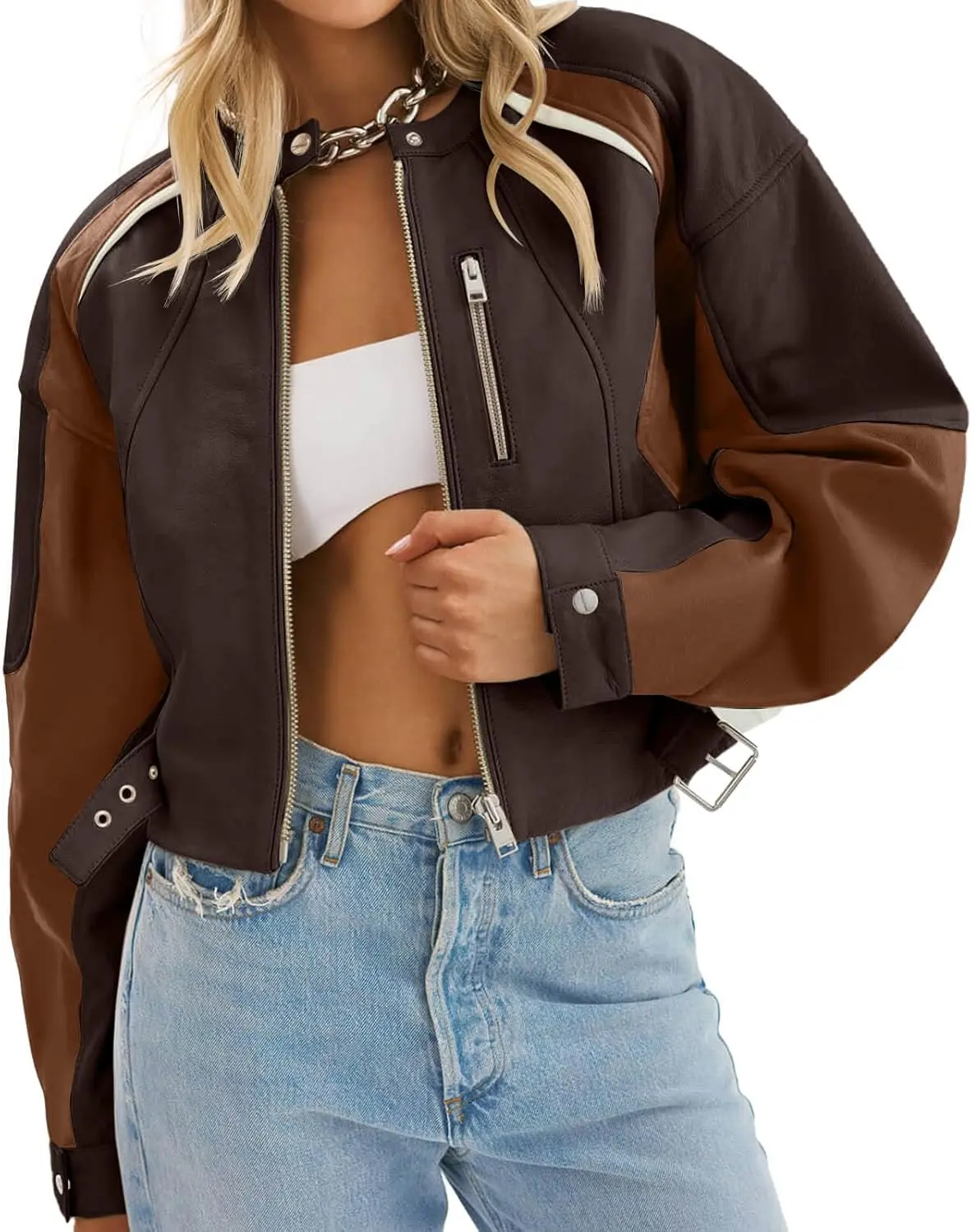 Women's Chic Faux Leather Color Block Cropped Long Sleeve Moto Jackets - Zip-Up Jackets Zip Up Fashion Outerwear, No