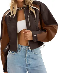 Women's Fitted Long Sleeve Faux Leather Color Block Cropped Zip-Up Bomber Coat - Fashion Tops Outerwear for Fall Casual, Moto Biker Style