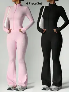 Women's 4-Piece Casual Loungewear Set with Long Sleeve Jacket and Flared Pants, Stylish and Comfortable Solid Travel Clothes for All Seasons