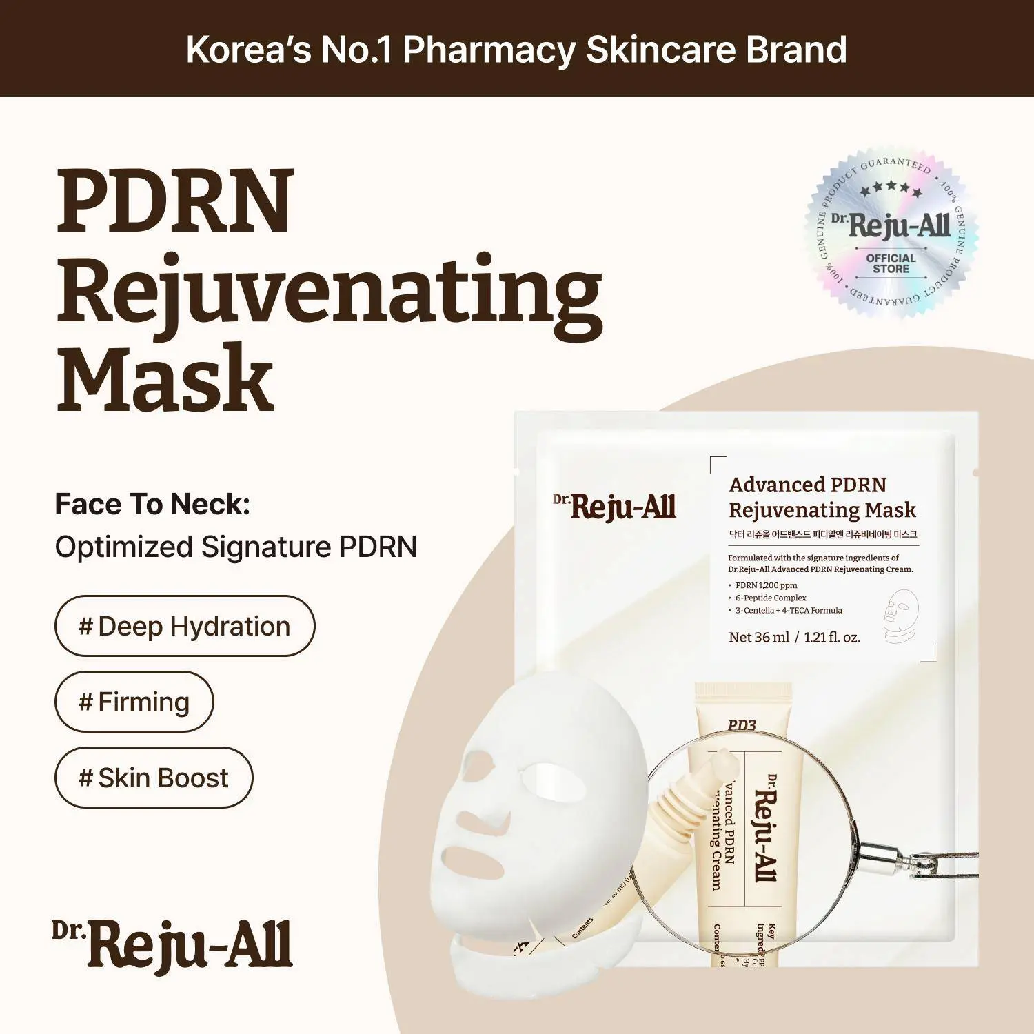 [Official Store] Dr.Reju-All Advanced PDRN Rejuvenating Mask - Face & Neck Korean Sheet Mask with 1,200 ppm PDRN, Collagen & Copper Peptides - Hydrating & Soothing, Skin Repair (1.2 Fl Oz x 4EA)