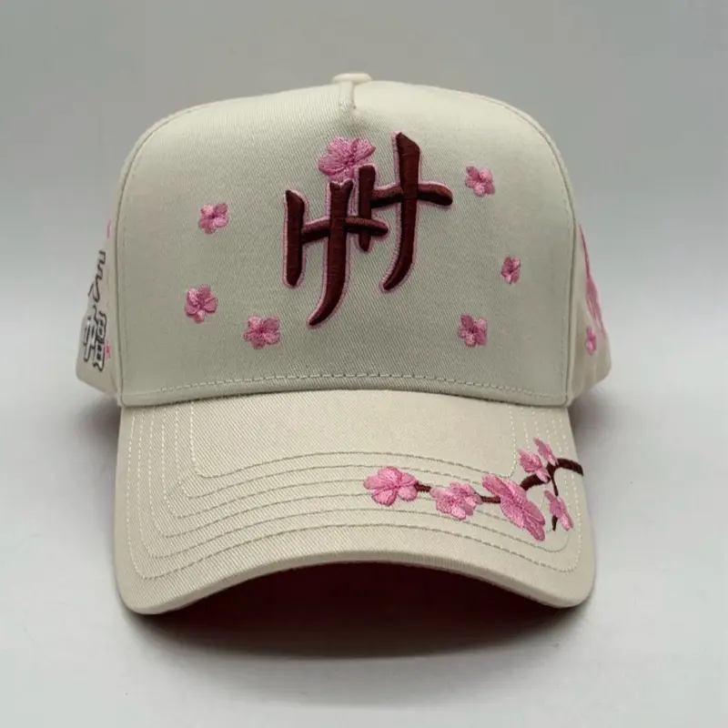 HEAVEN HATS Tensakura Sports & Outdoor Hat  Barbas Hats Cherry Blossom Embroidered Snapback Hat – Beige Adjustable Baseball Cap with Floral Embroidery & Stylized Character Design