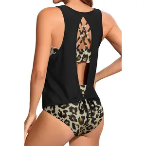 Three Piece Tankini Swimsuits - Open Back Tank Top with Criss Cross Sports Bra and Bikini Bottom Tummy Control Bathing Suit