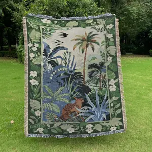 Bohemian-style retro jungle pattern fringe jacquard throw – soft, durable, machine washable, easy to care for, colorfast and fade-resistant, suitable for beds, sofas, chairs, wall tapestries, tablecloths, office lap blankets, picnics, and outdoor camping.