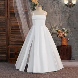 7-12Y White Split Spaghetti Strap Dress Backless 669 Kids Clothes Flower Girls Princess Long Ball Gown Frock Children Formal Evening Party Banquet Pageant Prom Host Cocktail Dresses