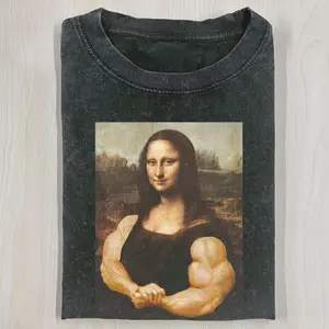 Buff Mona Lisa Big Biceps T-Shirt, Leonardo Da Vinci Fine Art Funny Gym Meme Graphic, Vintage Acid Wash Bodybuilding Parody Tee, Humorous Fitness Apparel, Unisex Cotton Crewneck T-Shirt Menswear Womenswear Streetwear Top