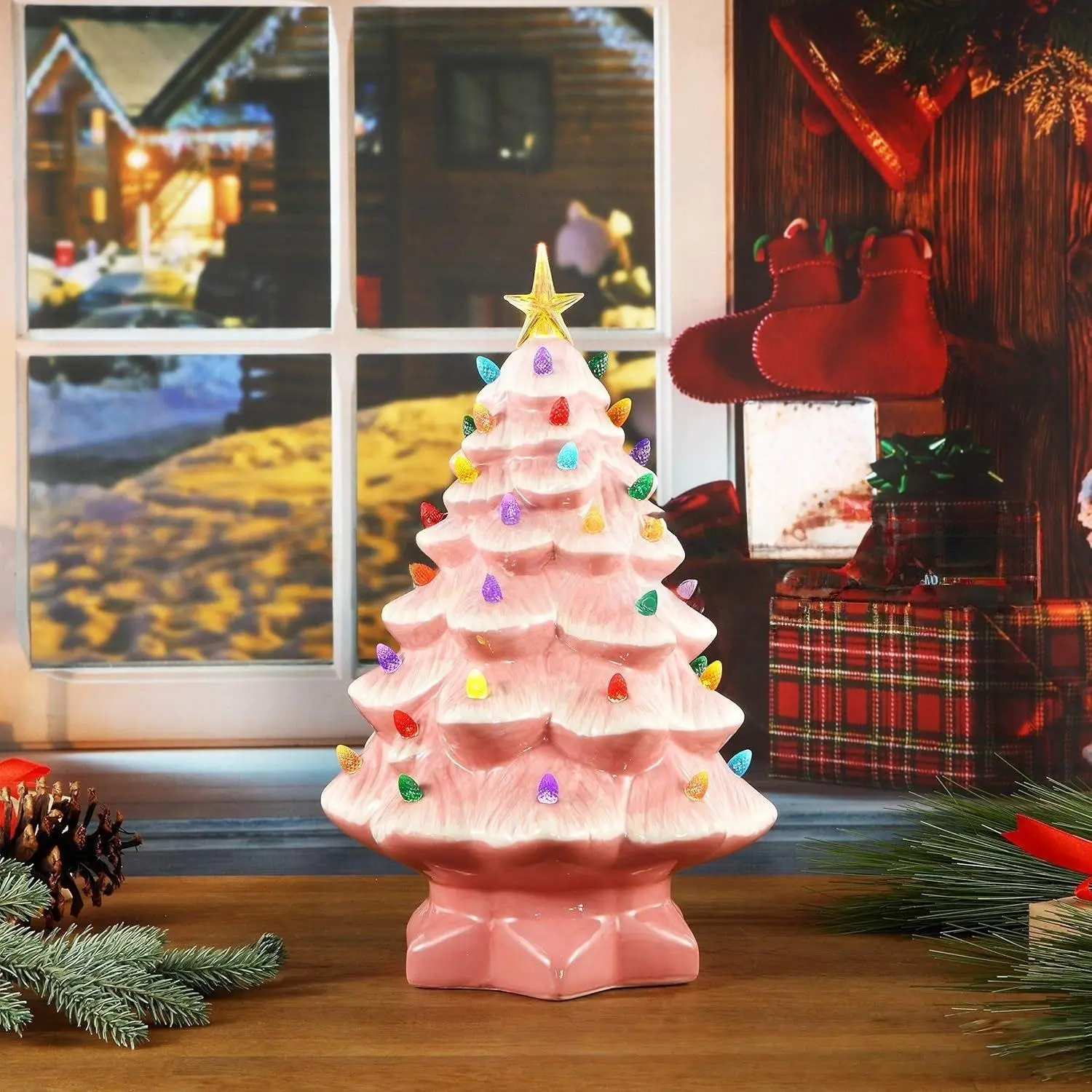 Mini Resin Lighted Christmas Tree, Battery Operated Vintage Tabletop Xmas Tree with Multicolor Lights, Small Festive Ornament for Home Decor, Party & Holiday Gifts