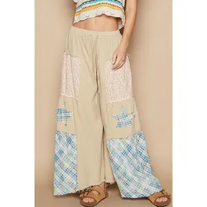 POL Drawstring Star Patch Contrast Wide Leg Pants