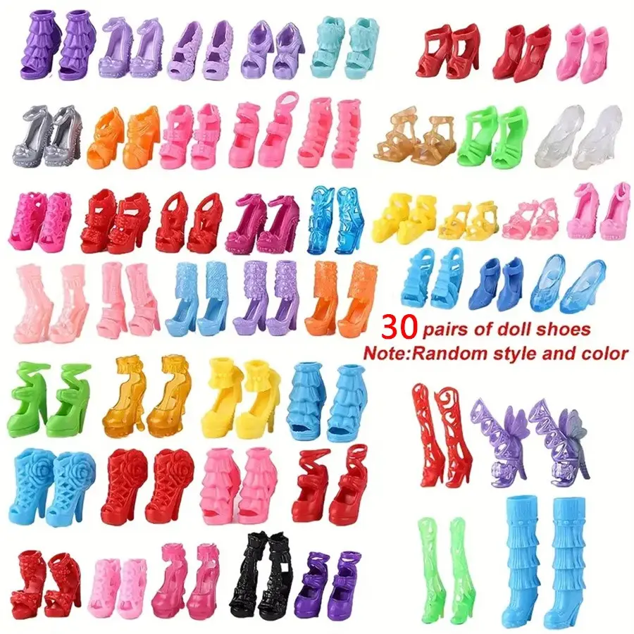 Barbie Doll Shoes Set, 10/30 Pairs Princess Dress-Up Shoes, 30cm High Heel Boots, Girl Toy Gift, Random Styles & Colors, Doll Accessories