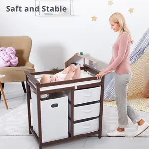 GARVEE New Wood Baby Changing Table - Modern Infant Diaper Station Dresser with 3 Easy-Access Drawer Baskets, Laundry Hamper, Storage Organizer for Baby Clothes, Diapers, Toys (Nursery Use)