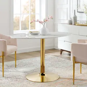 Modway Verne 48" Oval Artificial Marble Dining Table in Gold White