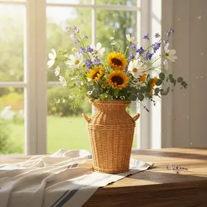 Rattan-style woven vase, Chinese retro-style floral ornament, artificial gemstone container, home living room hallway hotel tabletop decoration, creative light luxury decoration for both fresh and dried flowers