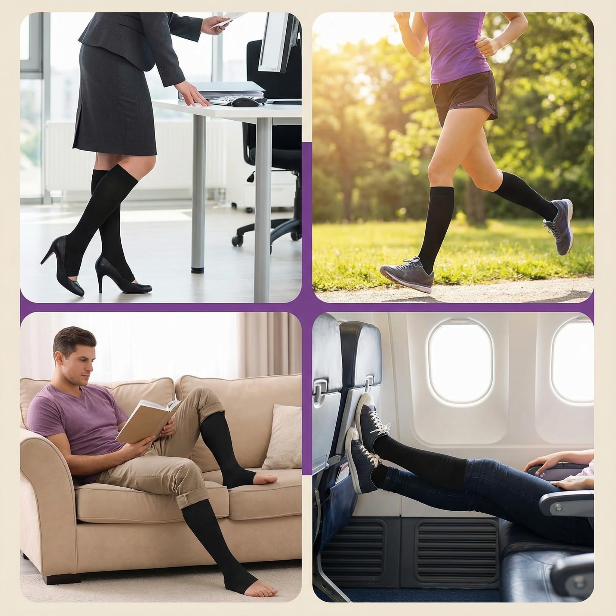 3 Pairs Zipper Compression Socks Open Toe Calf Knee High Socks with Zipper Calf Knee High 15-20mmHg Open Toe Compression Stocking Slim Leggings Stretch Socks Walking Running Compression Stocking for Men Women