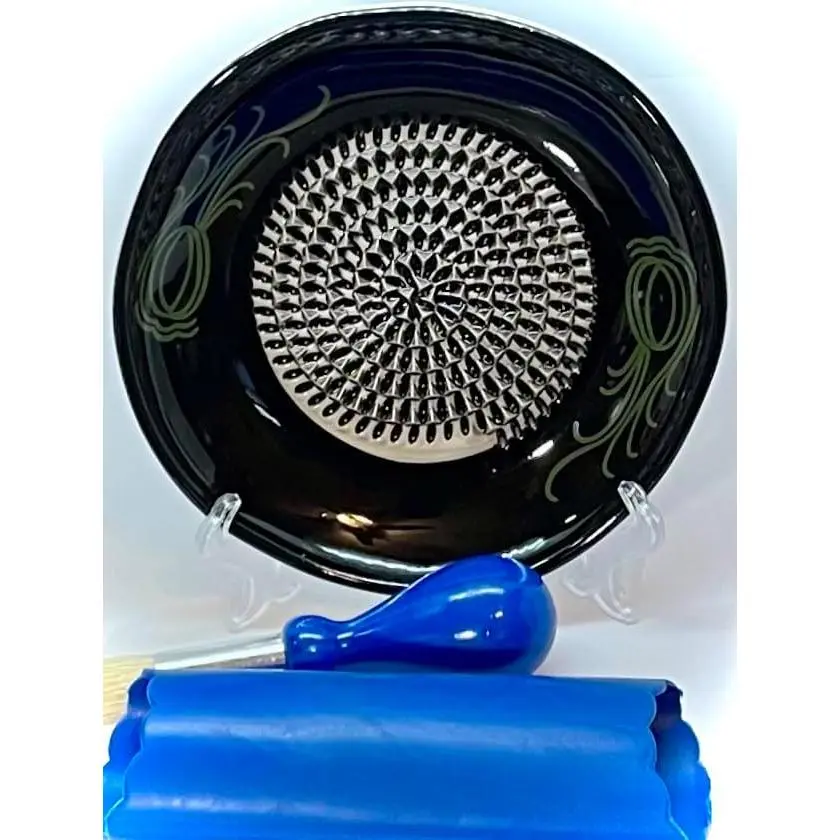 -in-  Ceramic Garlic Grater Plate 4- Set - Black Garlic Design - for Garlic, Ginger, , and ! - Comes with 5.25" Plate, Peeler, Brush, and Stand