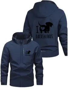 Men's Fashionable Dachshund Logo Jacket, Casual Hooded Design, Zipper Pockets, Polyester Material, Spring & Fall Wear, Loose-Fitting