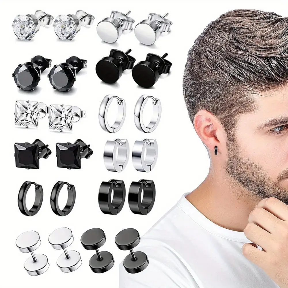 Unisex Hoop Earring Sets - 12 Pairs Hypoallergenic Sustainable Stainless Steel Push Pin Flat Back, Elegant Minimalist Daily Wear Jewelry, Ideal Birthday/Holiday Gift for Boyfriends, Earring Stacking Set, Flat Back Earrings