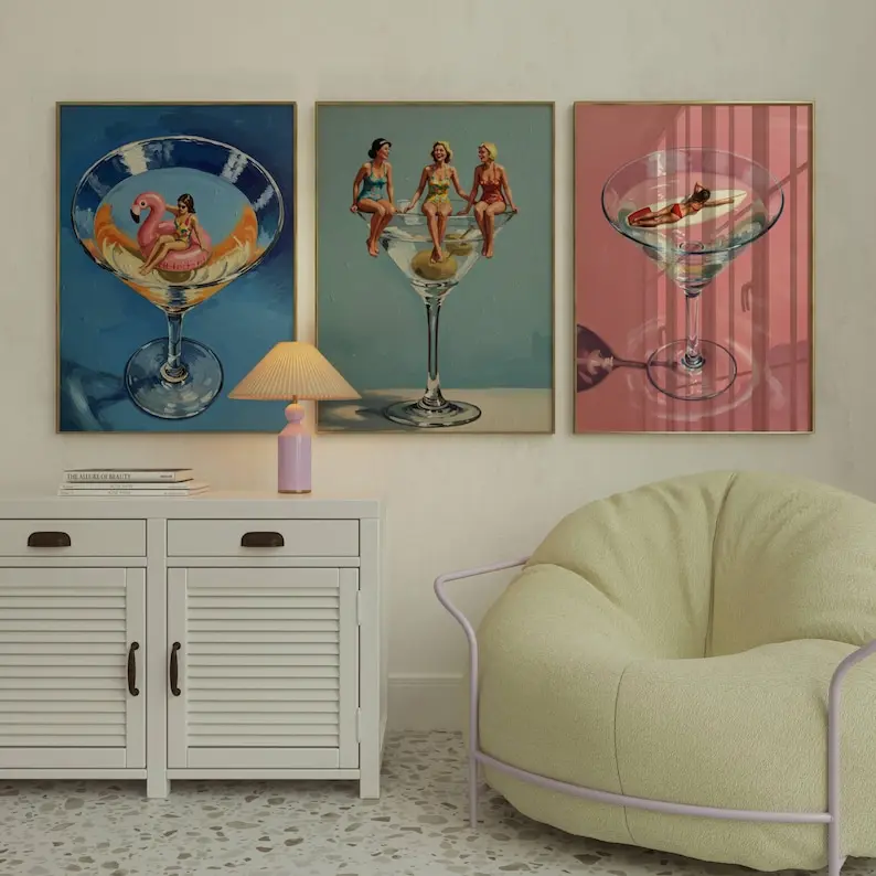 Martini Art Bundle: Set of 3 Quirky Cocktail Prints, Midcentury Wall Art Poster Unframed