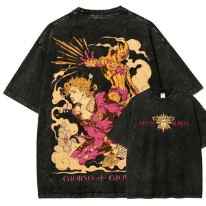 Jojo's Bizarre Adventure Menswear Distressed Washed T-Shirt - Unisex Fit, Short-Sleeve, Casual Sports Clothes (Style 2)