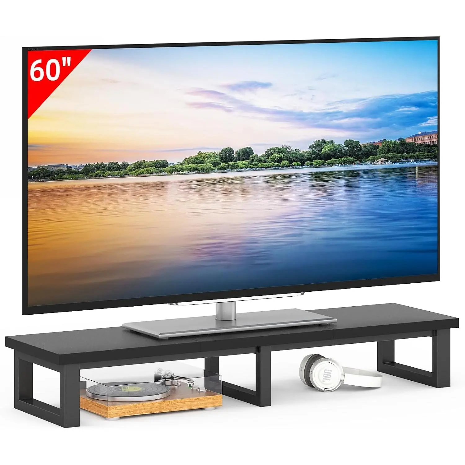 Black 45"l×11.8"w×7.1"h Synthetic Metal TV Riser Stand Shelf, 120lbs Capacity, Fits 32-60 inch TVs, Living Room Tabletop Unit, All Parts and Tools Included, Assembly Required