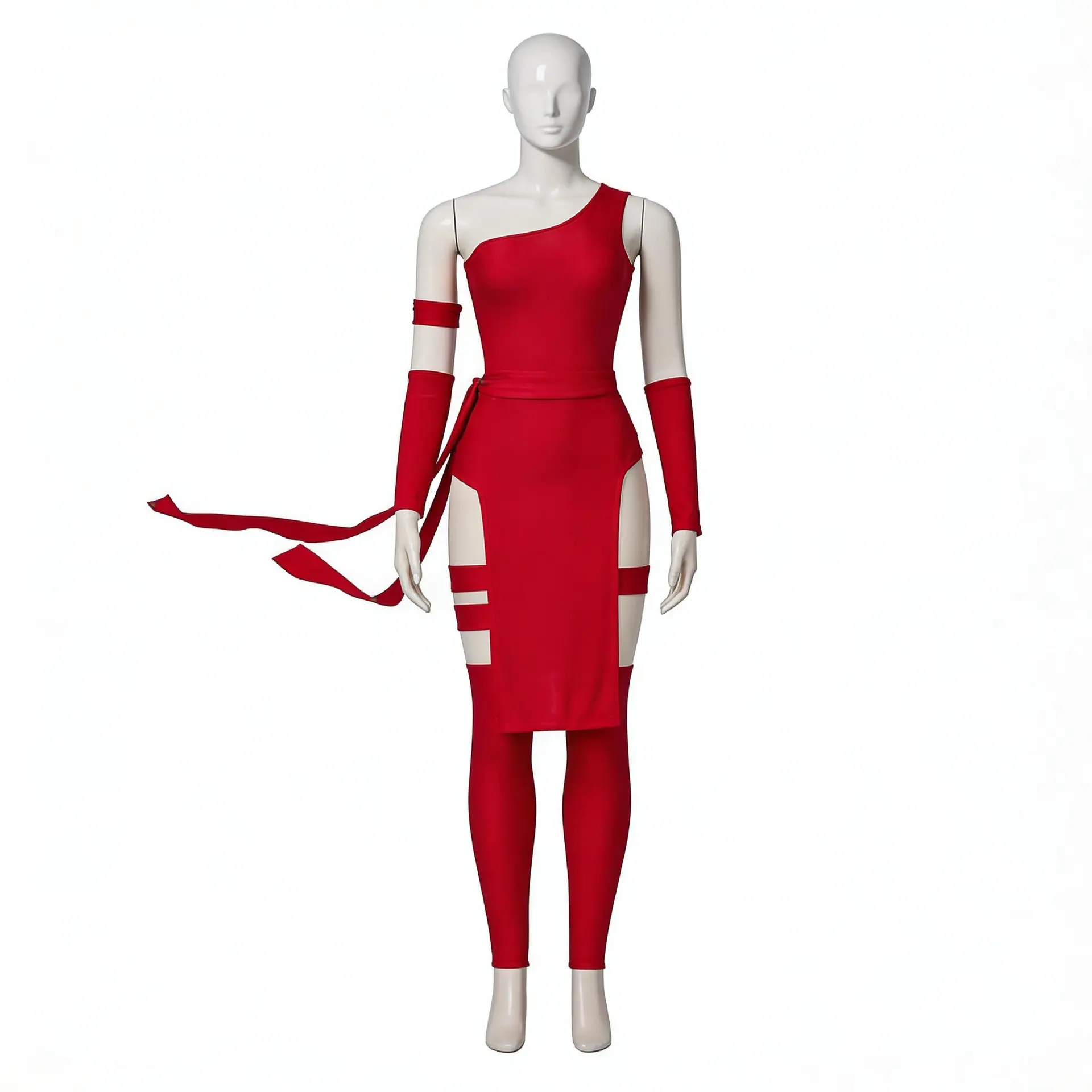 Elektra Red One Shoulder High Slit Dress Cosplay Costume Set with Armband Leg Wraps for Comic Con