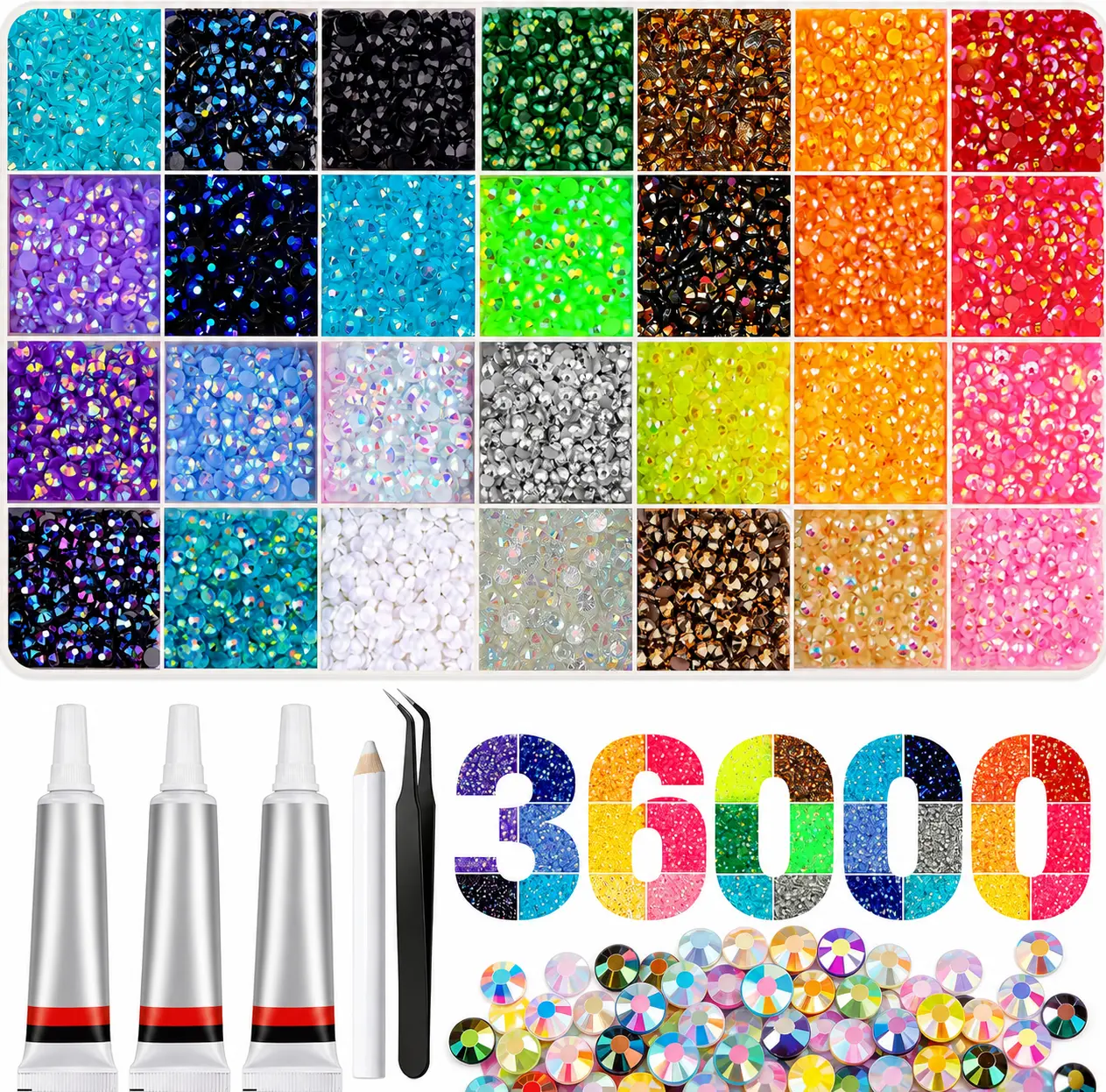 36000Pcs Resin Rhinestones 3mm Jelly AB 28Colors for Bedazzling Glitter Kit DIY, Multicolor Crystal Pearls with 3Pcs 10ml Jewelry Glue for Bedazzled Nail Art Supplies Decoration
