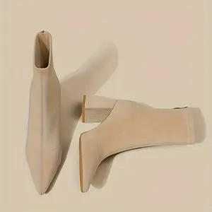 Women's Elegant Beige Pointed Toe Chunky Block Heel Ankle Boots - Beige Round-to-Pointed Collar Zipper Closure TPR Sole, Beige Fabric for Dresses, Skirts & Jeans - Fall Winter Casual to Formal Wear