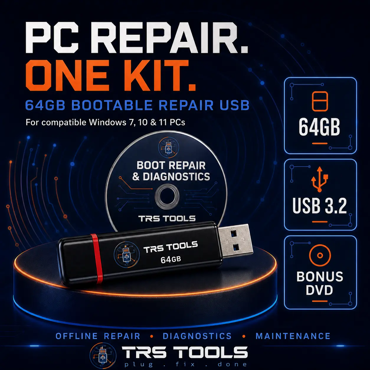 Bootable Windows 10/11 Repair USB Flash Drive - Windows Diagnostic Emergency Boot Tool for Computer Troubleshooting