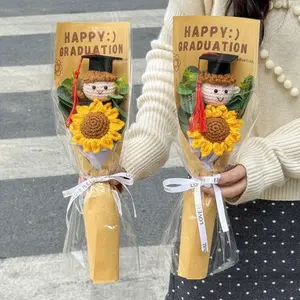 Handmade Crochet Sunflower with Graduation Bear, Single Yarn Flower, Perfect Gift for High School Success, Birthday Surprise, Graduation Celebration