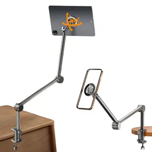 Foldable Magnetic Tablet Stand Phone Holder for Desk, N52 Magnet Tablet Phone Mount, Up to 2.36" Desktop Clamp - Adjustable Four Joints Arms, Anti Slip Portable for Meetings Bedside Study Room Video, for All 4.7-13.5" iPhone iPad mini/Air/Pro Galaxy Tabs