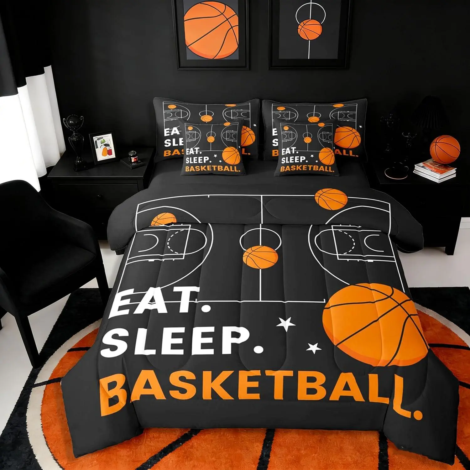 Feelyou Kids Bedding Set - 7-Piece Microfibre Bedding Collections with Breathable Durable 3D Court Comforter, Flat Sheet, Fitted Sheet, Black Orange Ball Design, Machine Washable Gift for Basketball Lovers (King, Queen Sizes), Seven Pieces, Kids Sheet