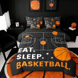 Feelyou Sport-Themed 7-Piece Multi-Size Bedding Set, 3D Court Comforter with Flat & Fitted Sheets, Black Orange Ball Design, Gift for Kids Basketball Lovers