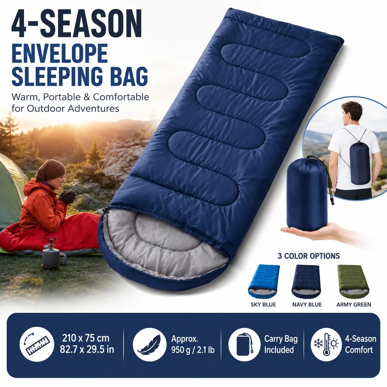 Double Sleeping Bag for Adults Couples 2 Person 210x75cm Envelope Camping Sleeping Bag 950g 4 Season Lightweight Warm Cold Weather Portable Backpacking Sleep System with Compression Storage Sack Camping Supplies for Family Camping Hiking Outdoor Travel