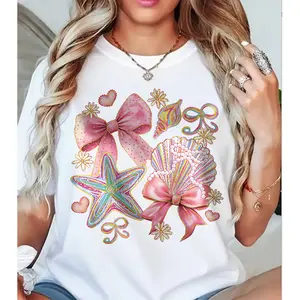 Seashell Starfish Bow Graphic Tee, Cute Coastal Style Casual Top