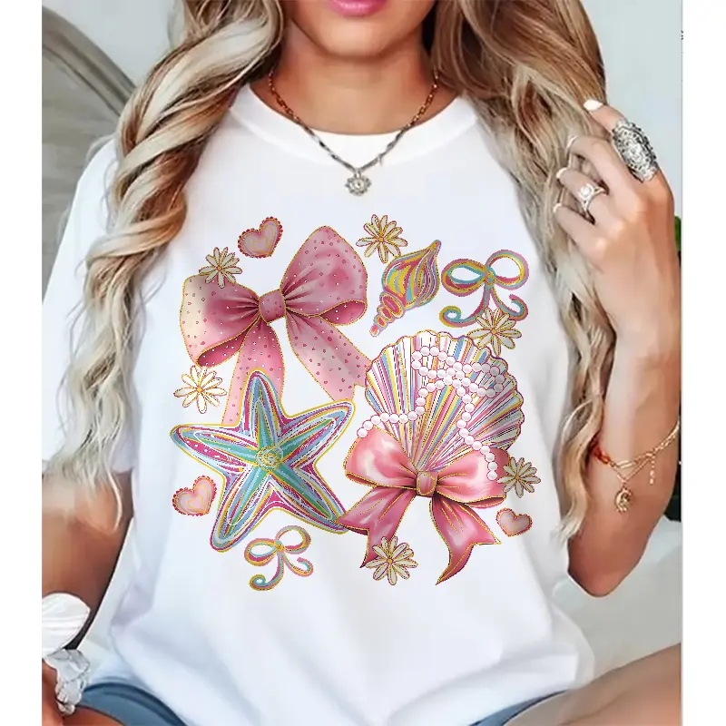 Seashell Starfish Bow Graphic Tee, Cute Coastal Style Casual Top