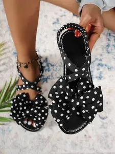 Vintage Polka Dot Bow Flat Sandals, Casual Trendy Sandals, Sweet Cool Cross Elastic Back Design, Trendy Vacation Commuter Date Comfortable Women's Shoes