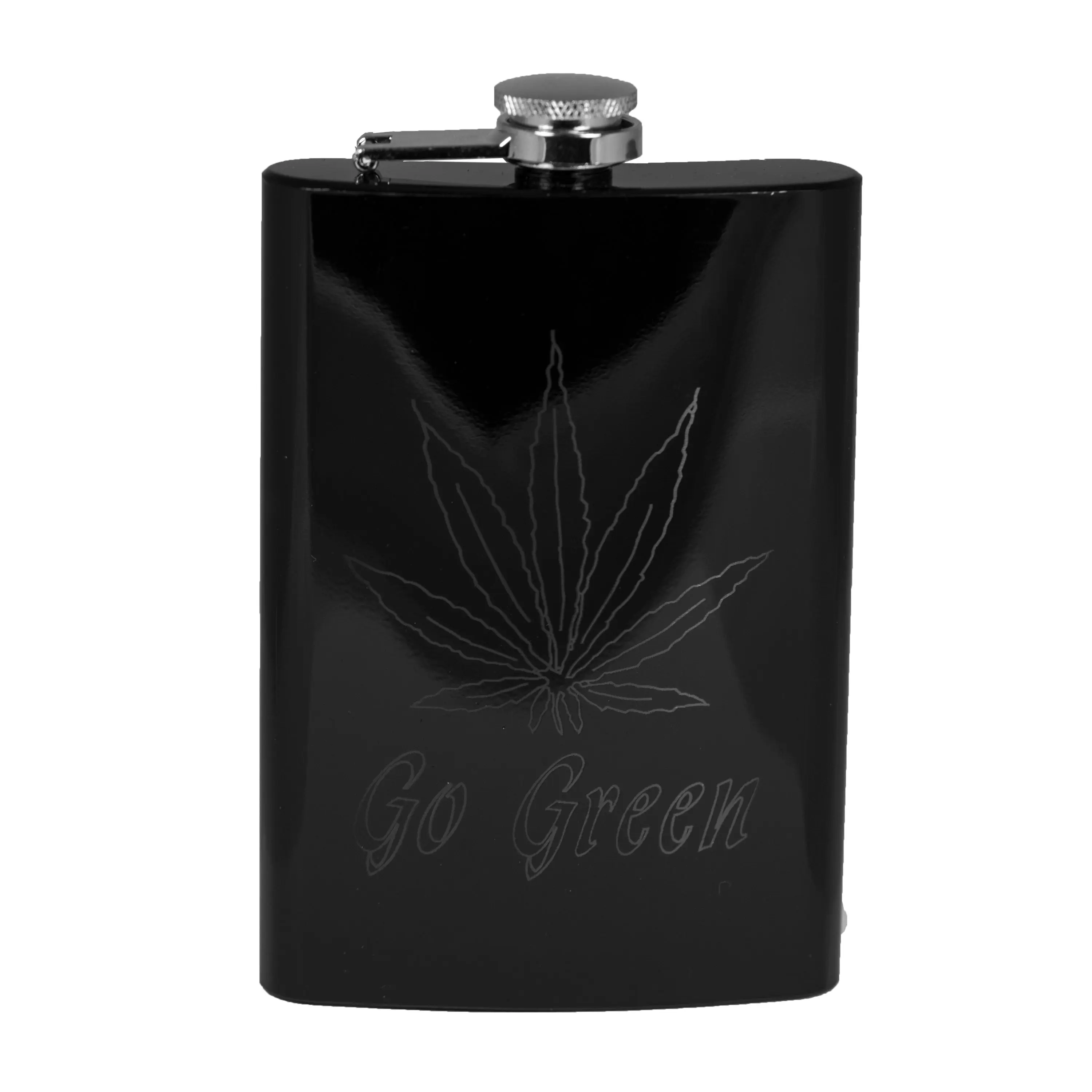 8oz Pot Leaf Black Hip Flask Hemp