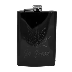 8oz Pot Leaf Black Hip Flask Hemp